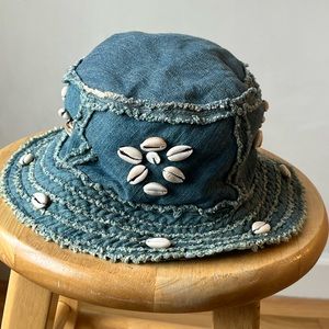 Vintage Denim Bucket Hat with Seashells